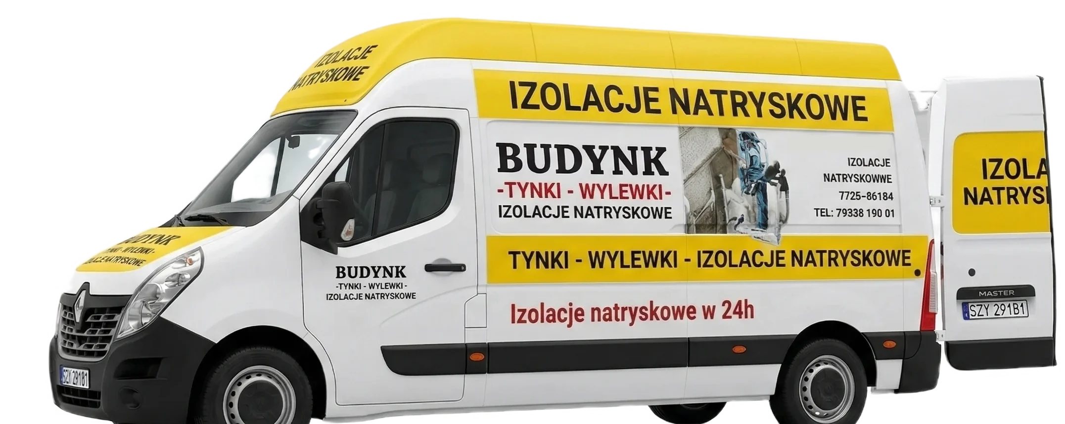 Samochód firmowy z oznakowaniem usług tynkowania, wylewek i izolacji natryskowej